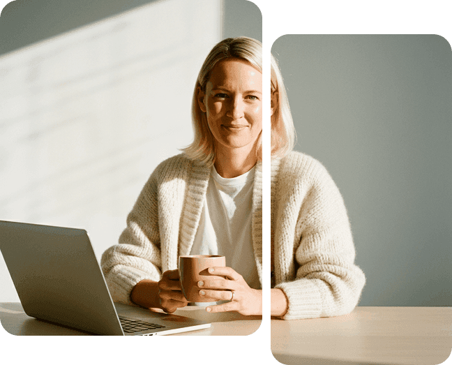 Professional working on a laptop — split panel layout